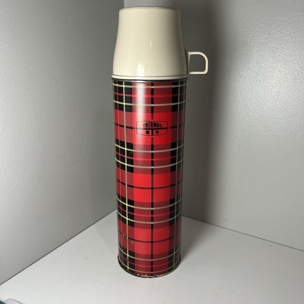 Vintage Vac Sealed KING-SEELEY THERMOS Red Plaid  Metal Pint Sized